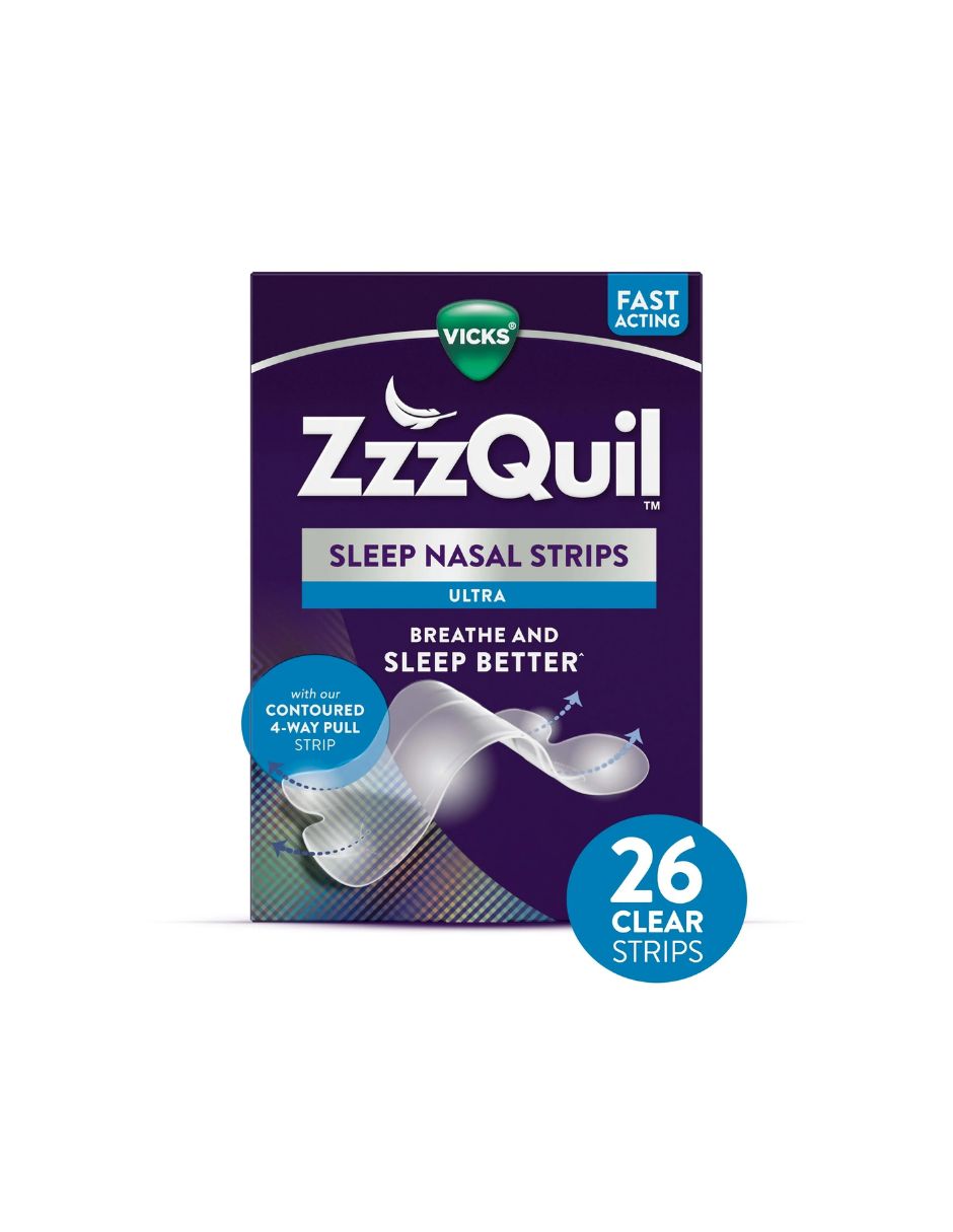 Vicks ZzzQuil Sleep tiras nasales transparentes para la noche contra los ronquidos, 26 unidades