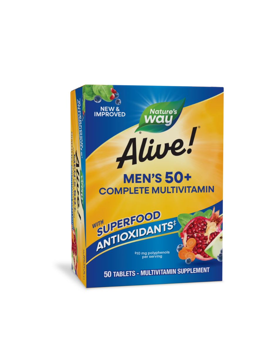 Alive Men's 50+ Complete Multivitamin, Vitaminas B de alta potencia, 50 tabletas