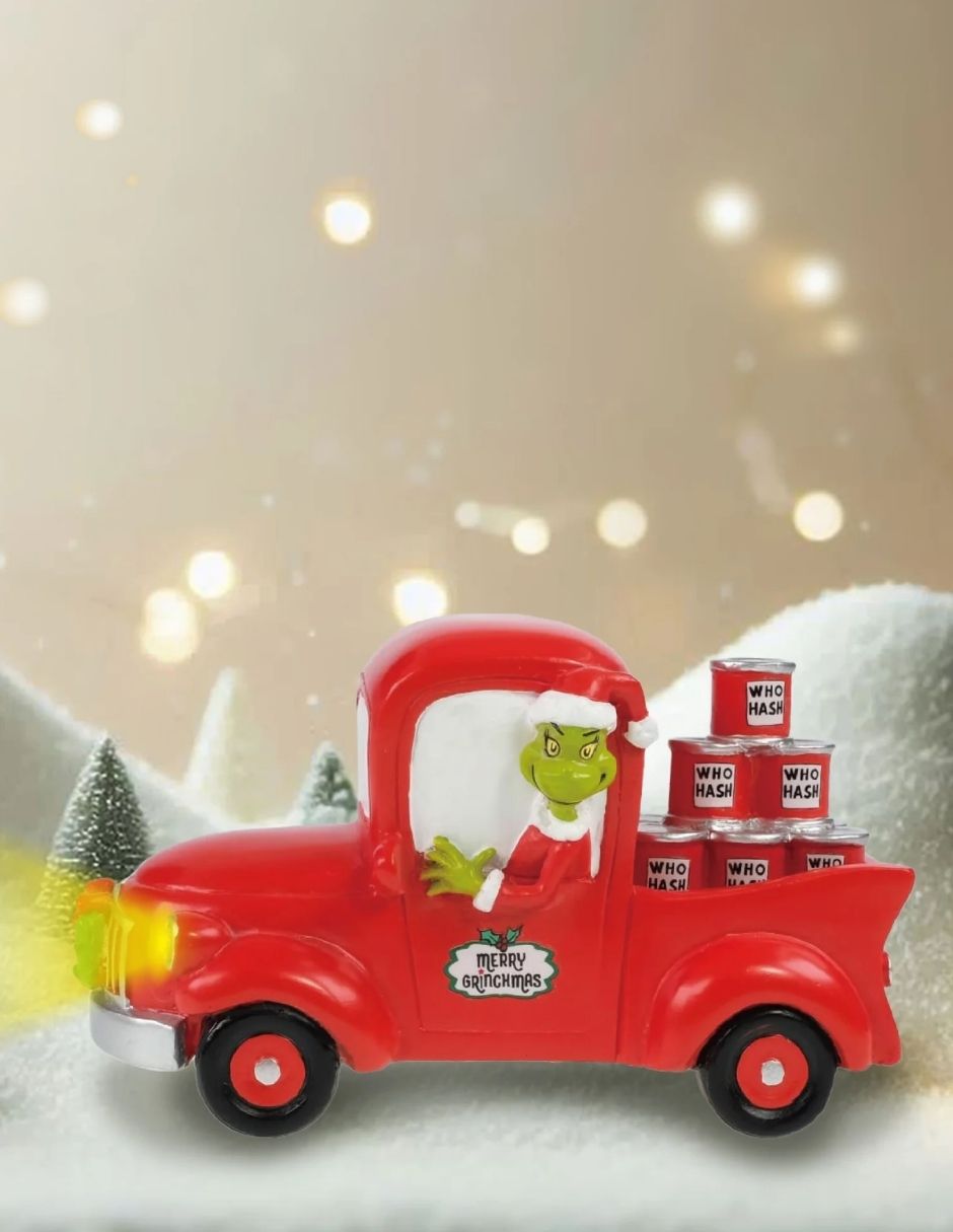 Accesorio Navideño Grinch Iluminado en Camión Rojo – Pueblo Navideño