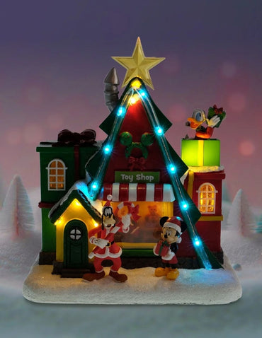 Casa Navideña Iluminada con Luces y Música Disney - Edificio con Figuras de Mickey y Minnie