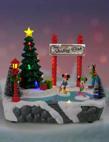 Pista de Patinaje Animada con Luces y Música Disney - Edificio Navideño con Mickey, Minnie y Goofy