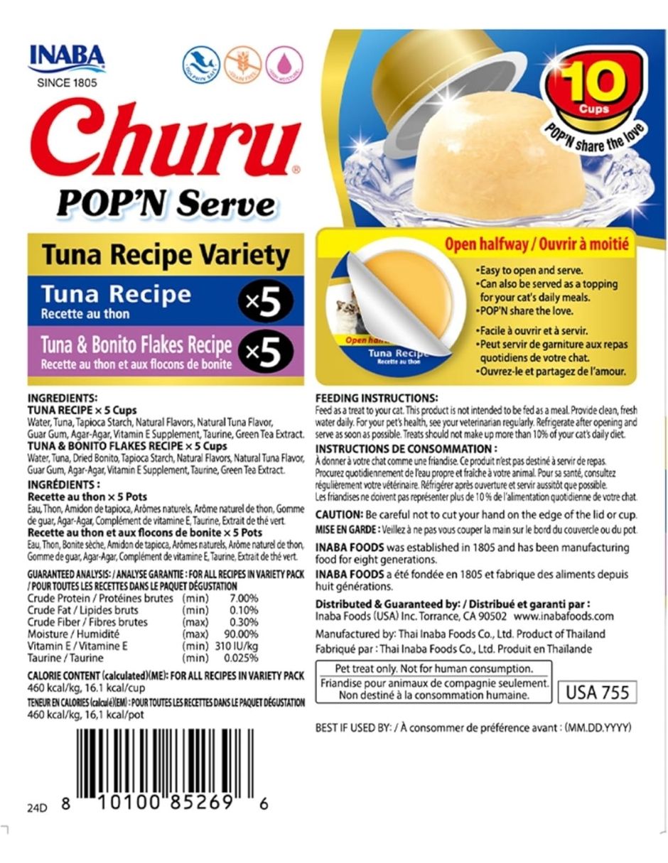 Golosina en Gelatina para Gatos INABA Churu Pop’N Serve Jelly Atún 10 cups
