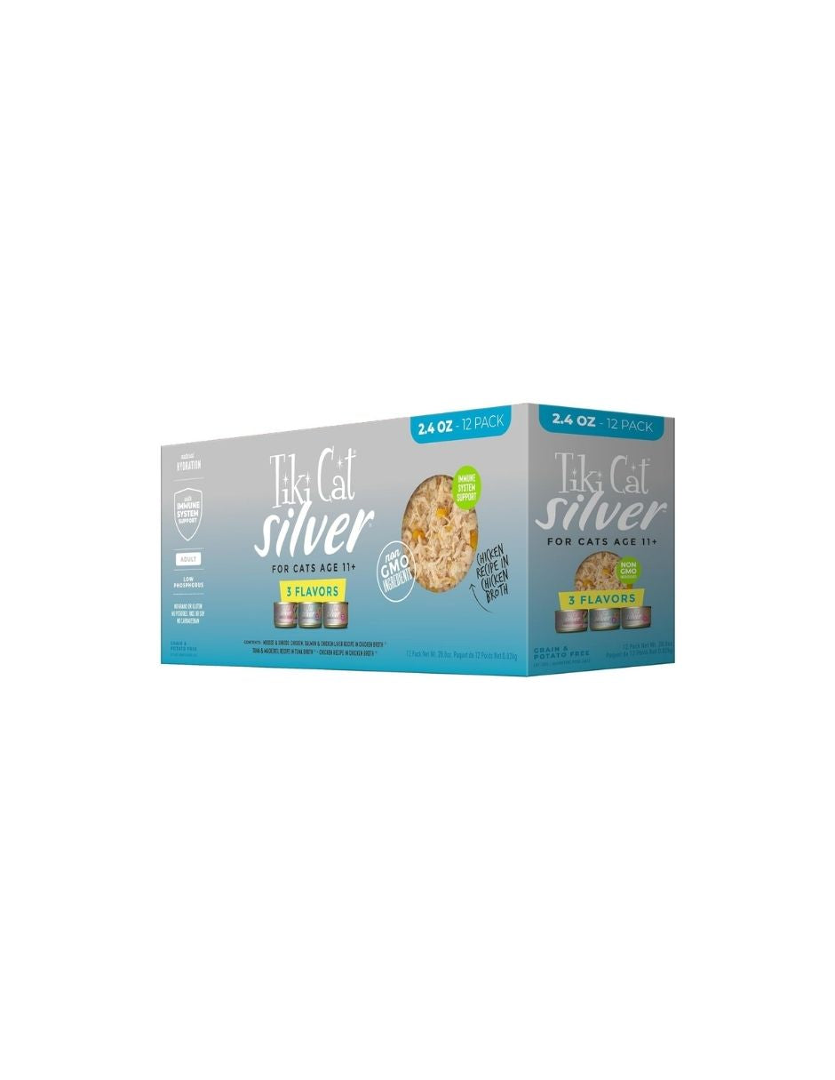 Comida Húmeda para Gatos Mayores Tiki Cat Silver 11+ Alto en Proteína – Paquete Variado 12 Latas de 68gr
