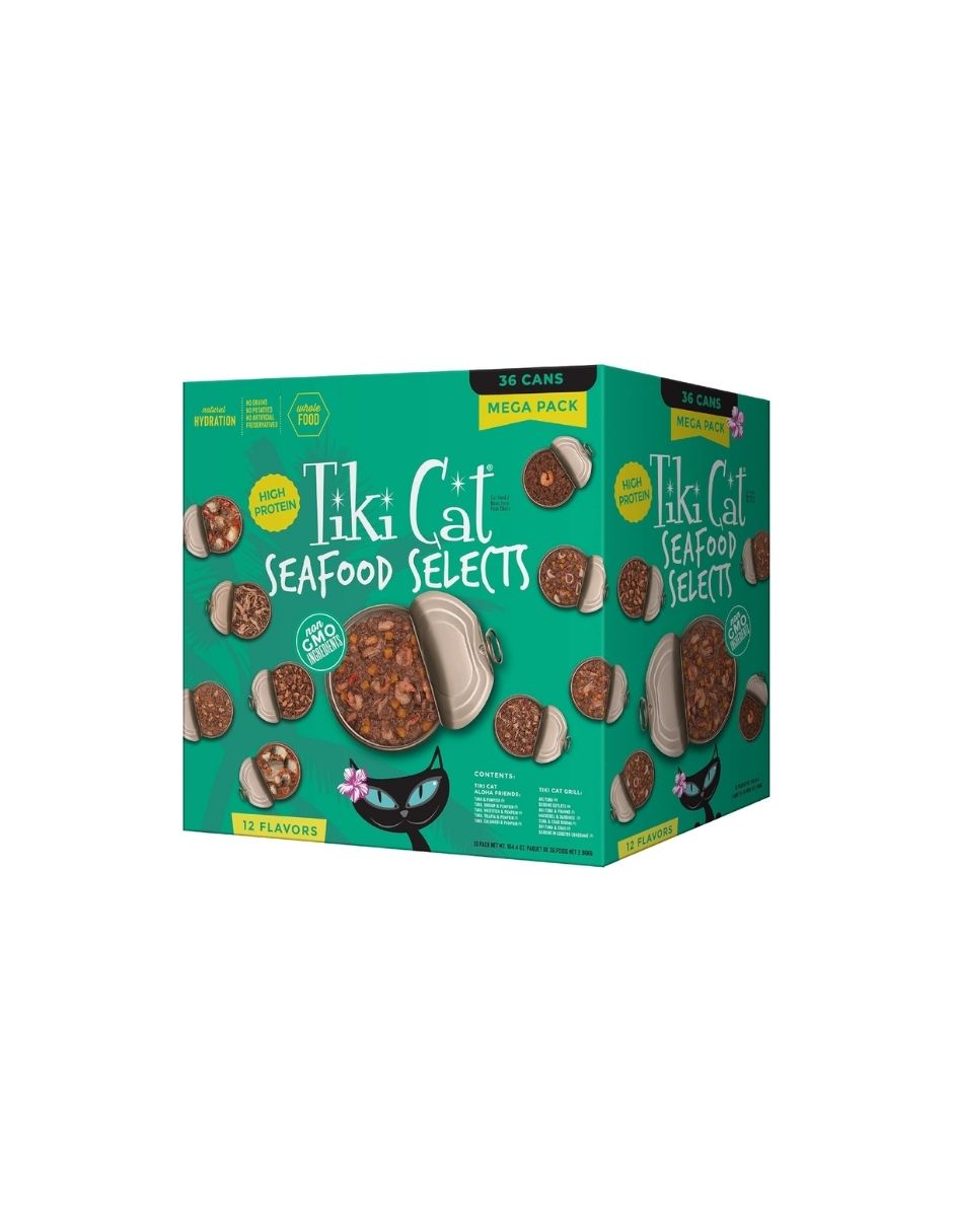 Comida Húmeda para Gatos Tiki Cat Seafood Selects Alta en Proteína – Paquete Variedad 36 Latas 2.96kg