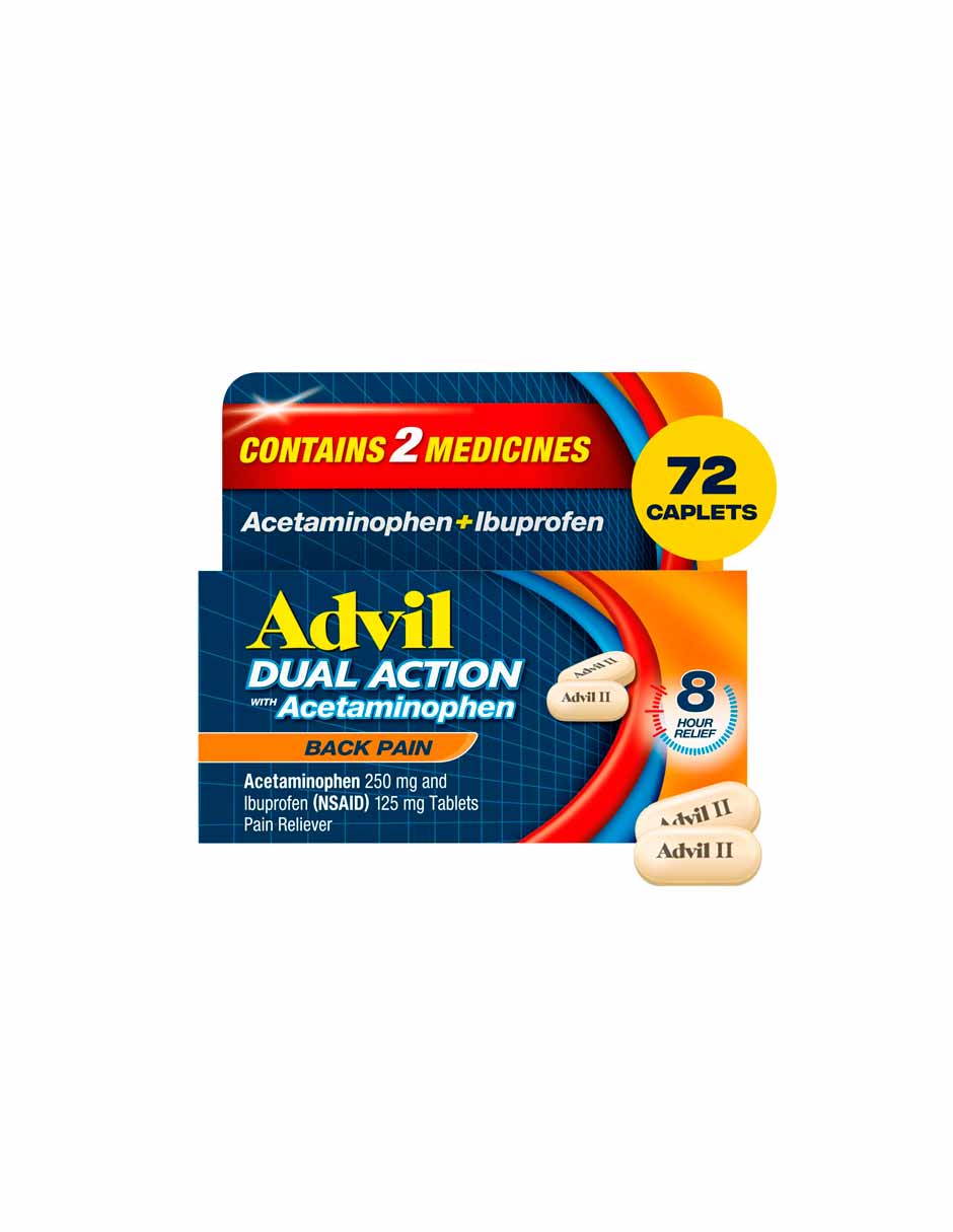 Advil acción dual 250 mg de ibuprofeno y 500 mg de acetaminofeno, 72 unidades