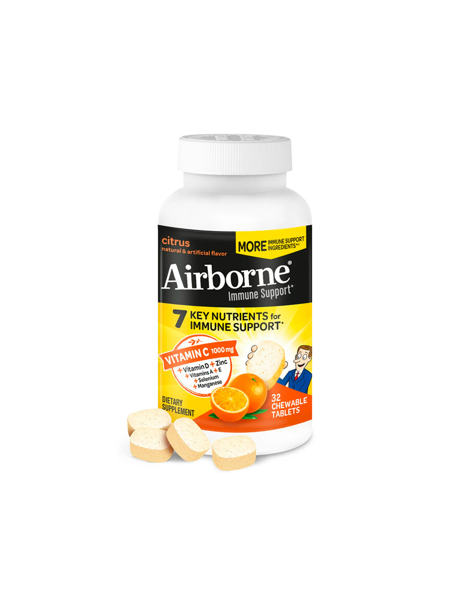 Airborne 1000 Mg Vitamin C Apoyo Inmunológico Multivitamínico Efervescente Sabor Cítrico Tableta masticable, 32 piezas