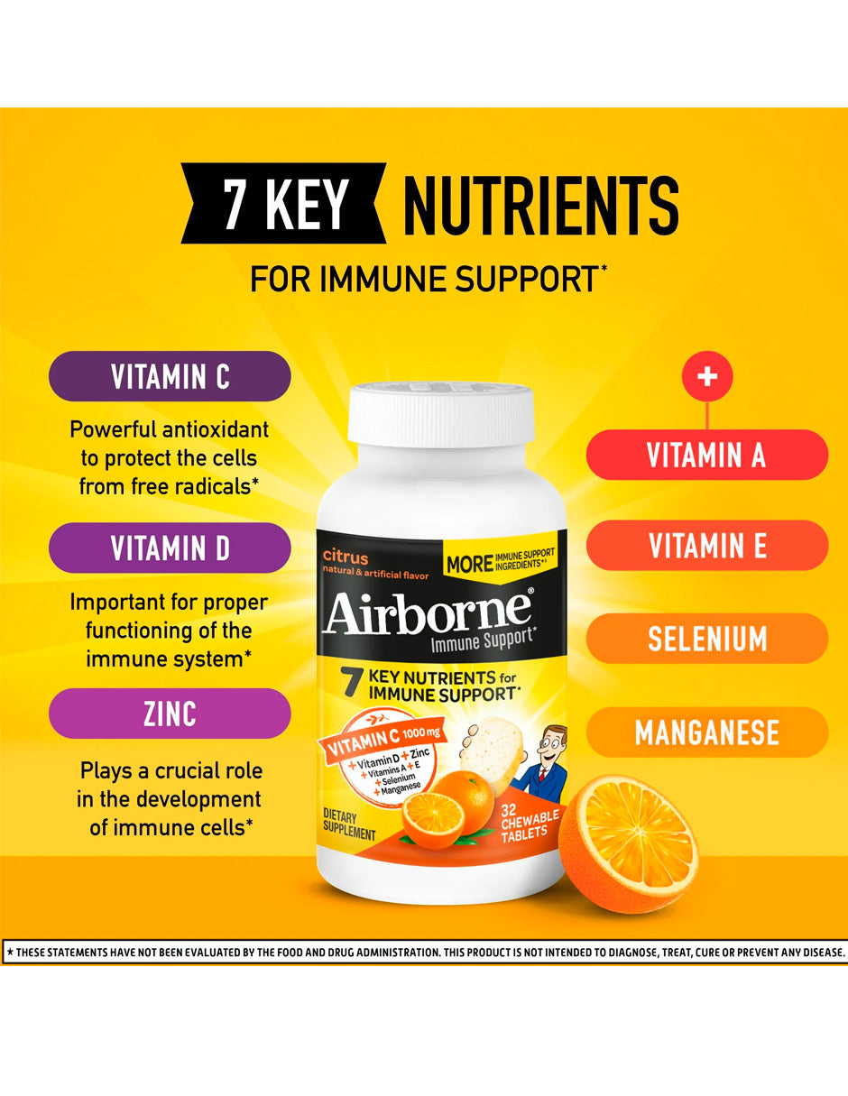 Airborne 1000 Mg Vitamin C Apoyo Inmunológico Multivitamínico Efervescente Sabor Cítrico Tableta masticable, 32 piezas