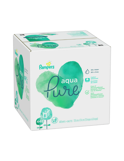 Toallitas húmedas para bebés Pampers Aqua Pure, 99 % agua, sin fragancia, 8-Pack 448 Wipes