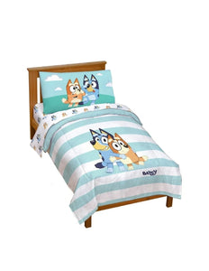 Bluey & Bingo Juego de cama infantil de 4 piezas a rayas azules y blancas individual