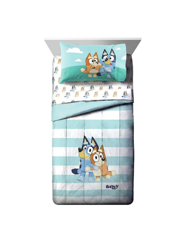 Bluey & Bingo Juego de cama infantil de 4 piezas a rayas azules y blancas individual