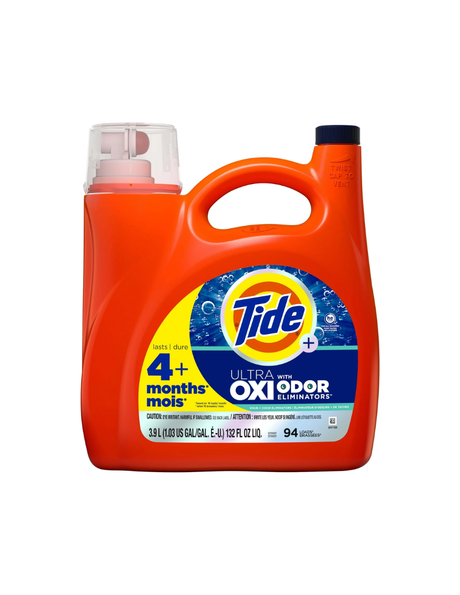 Tide Ultra OXI Detergente líquido para ropa con eliminadores de olores, 132 fl oz, 94 cargas