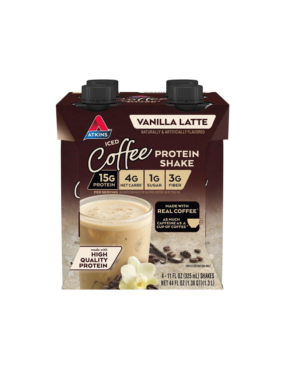 Batido alto en proteínas Atkins Iced Coffee Vanilla Latte, bajo en azucar 4 pack