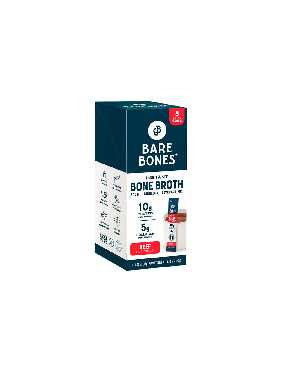 Bare Bones Instant en Polvo, 10 G de Proteína, 8 Paquetes de Mezcla de Bebidas Bone Broth Carne de Res