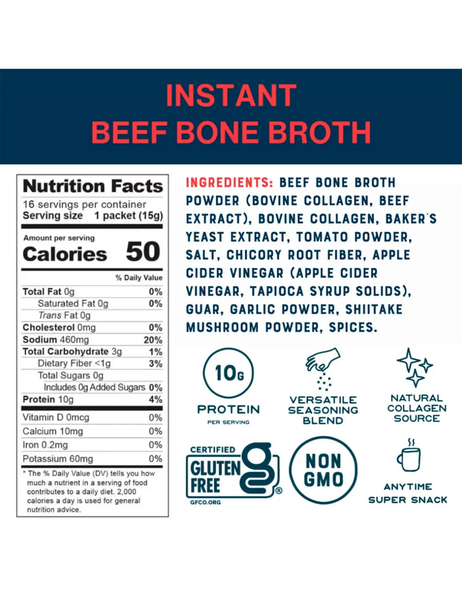 Bare Bones Instant en Polvo, 10 G de Proteína, 8 Paquetes de Mezcla de Bebidas Bone Broth Carne de Res