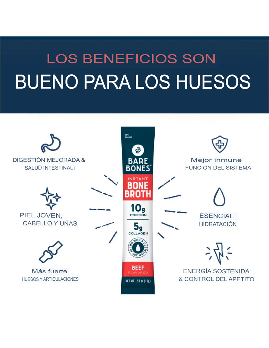 Bare Bones Instant en Polvo, 10 G de Proteína, 8 Paquetes de Mezcla de Bebidas Bone Broth Carne de Res