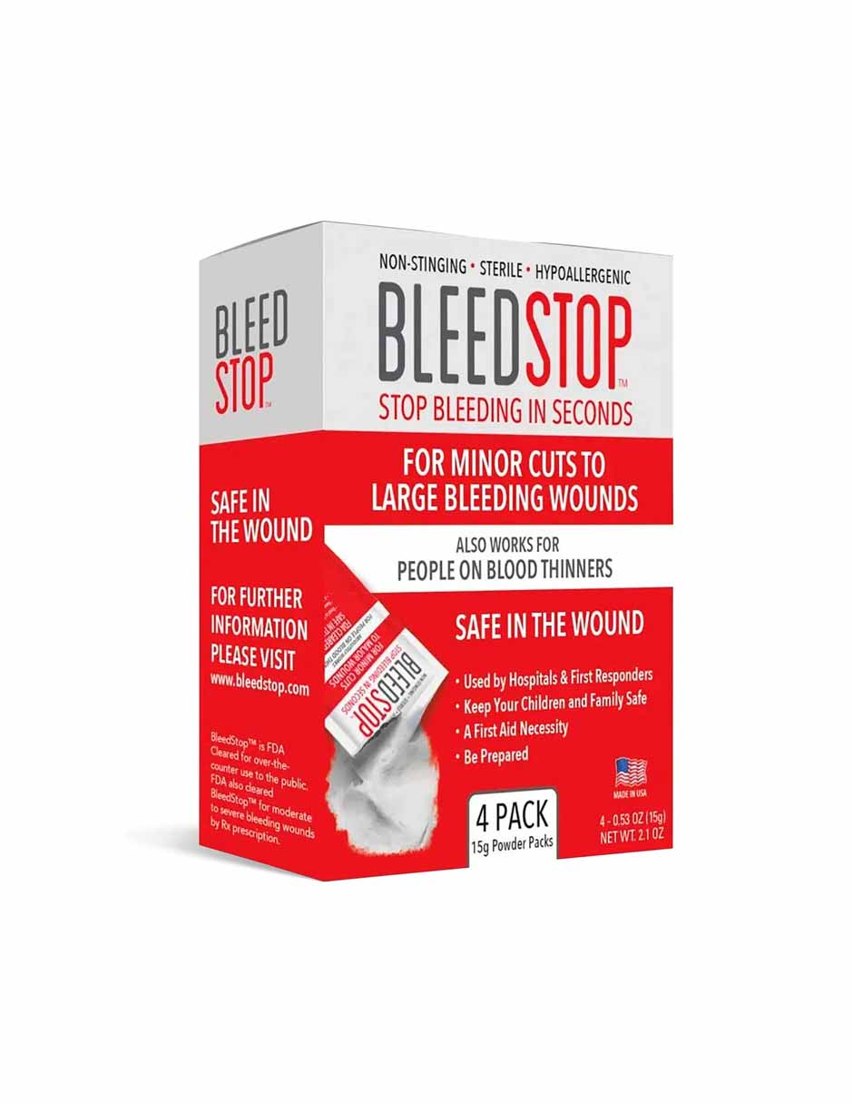 BleedStop Polvo de primeros auxilios para coagulación de la sangre 4 pack, 15gr