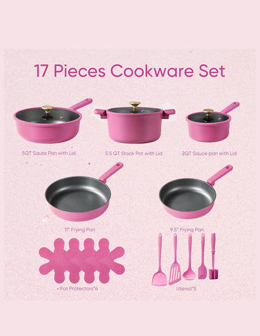 CAROTE Juego de Cocina Antiadherente 17 Piezas Magenta