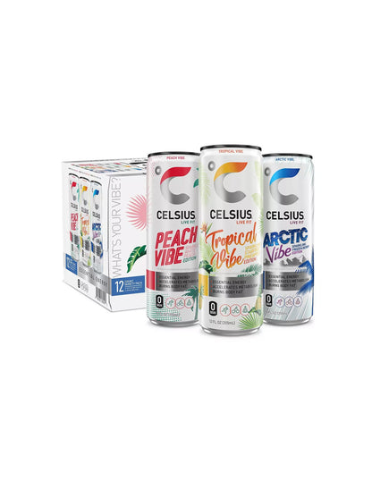 CELSIUS VIBE Bebida Energética paquete variado 12 latas Peach, Tropical & Arctic Vibe