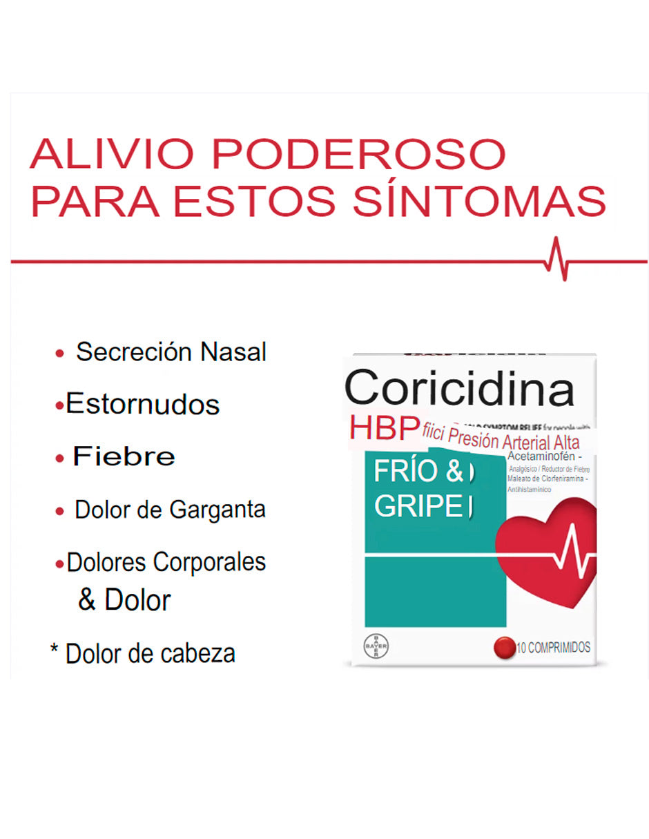 Coricidin HBP Tabletas para aliviar el resfriado y la gripe, presión arterial alta, 20 unidades