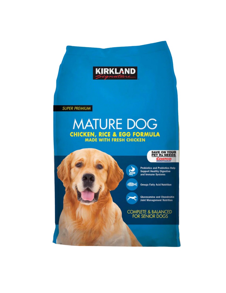 Alimento para perros Kirkland Signature Mature Formula con pollo, arroz y huevo, 18.1 kg