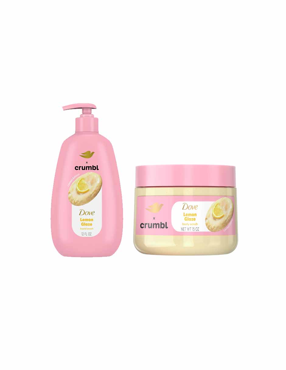 Dove x Crumbl Set Exfoliante corporal y jabón de manos aroma galleta de glaseado limón