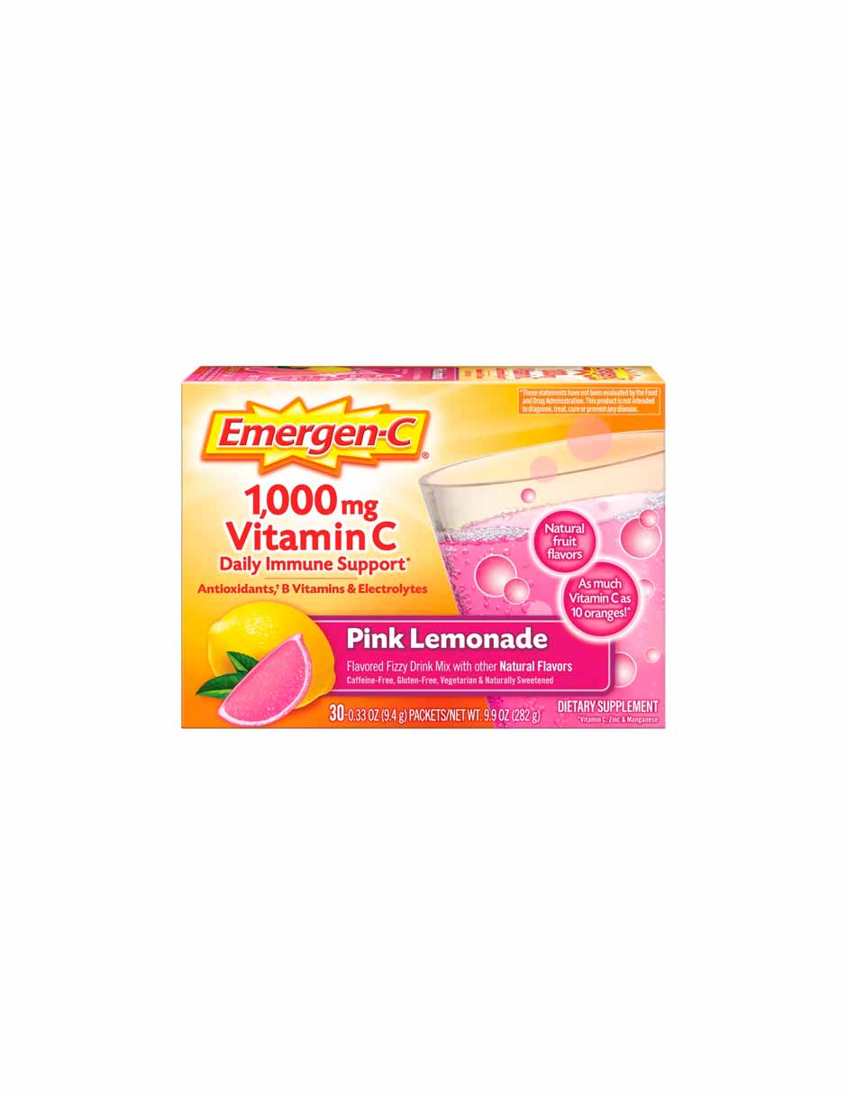 Emergen-c Polvo de vitamina C para apoyo inmunológico sabor limonada rosa 30 unidades