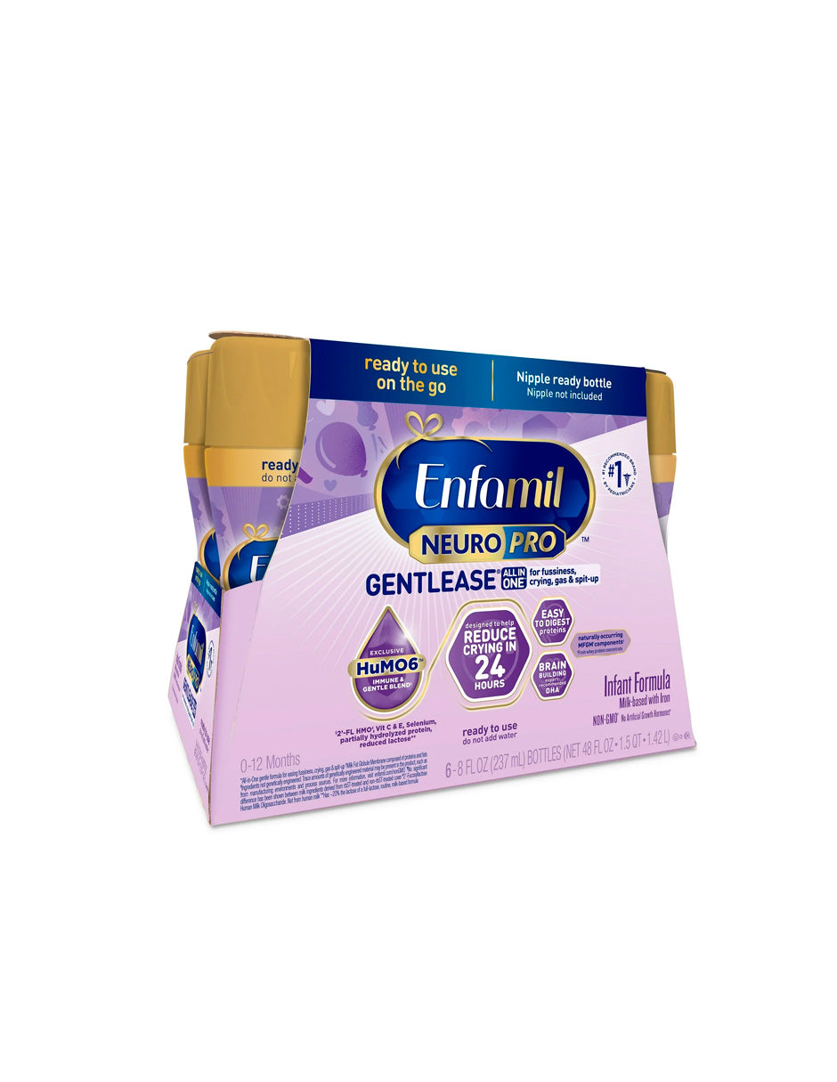 Enfamil NeuroPro Gentlease Fórmula para Bebés, Nutrición de Fórmula Infantil, Apoyo Cerebral Que Tiene DHA, Mezcla Inmune HuMO6, Diseñada para Reducir los Gases y la Regurgitación en 24 Horas, 8 Fl Oz, 6 Botellas