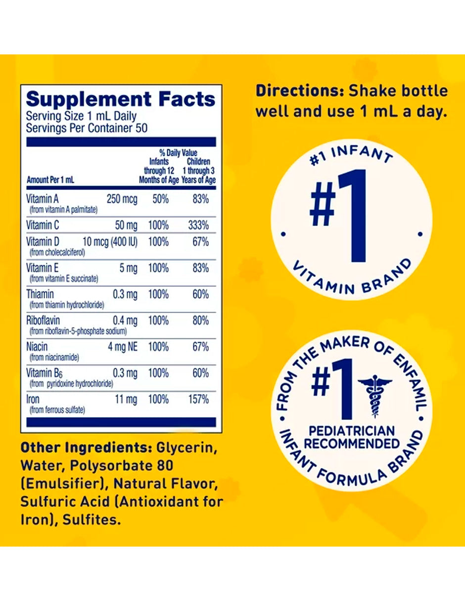 Enfamil Poly-Vi-Sol Suplemento multivitamínico líquido y hierro para bebés y niños pequeños Frasco cuentagotas de 50 ml