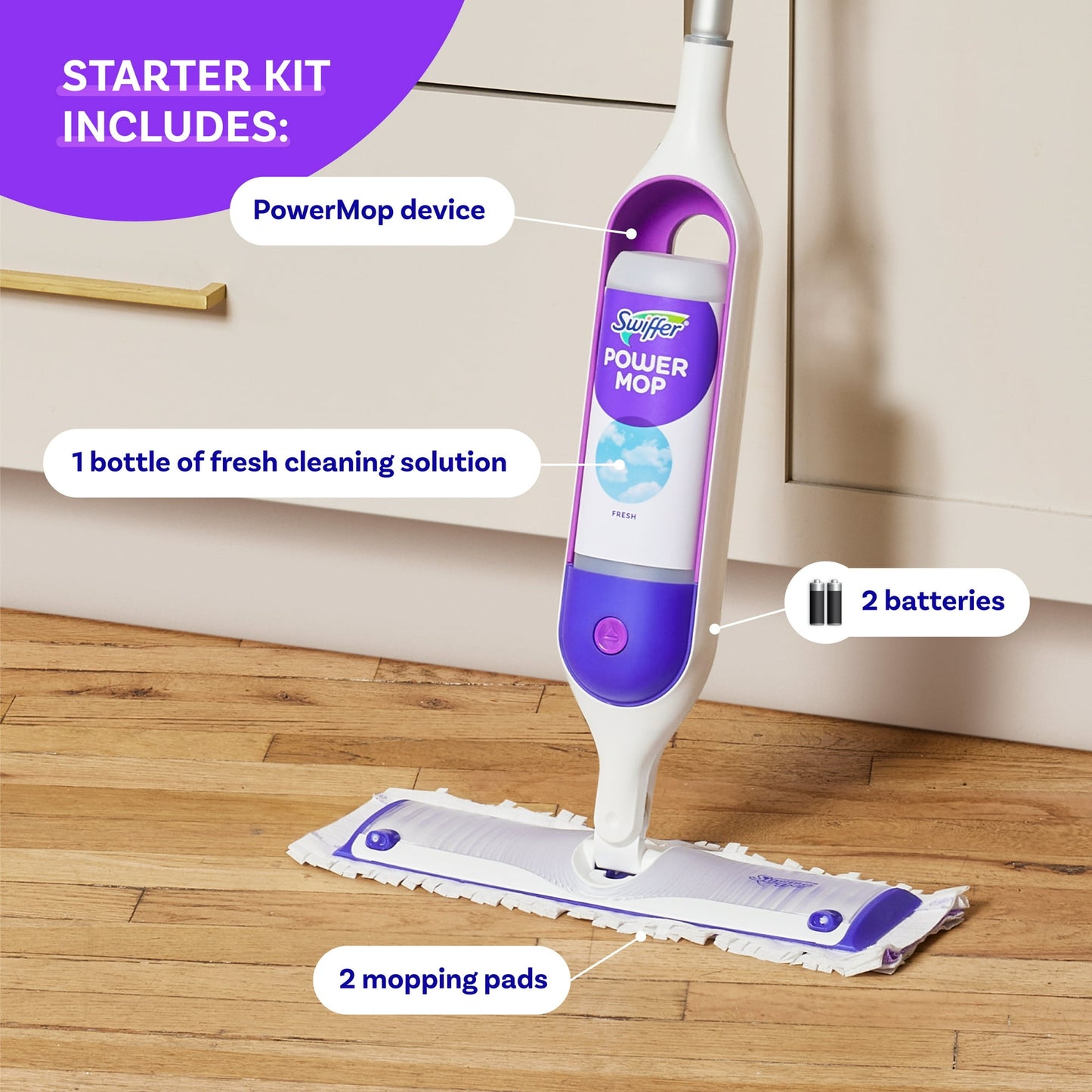 Kit de trapeador multisuperficies Swiffer PowerMop para limpieza de pisos, aroma fresco