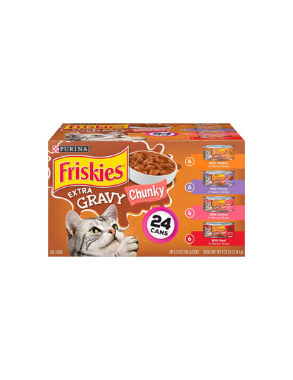 Friskies Alimento húmedo para gatos Extra Gravy con pollo, pavo, salmón y carne de res, 24 unidades