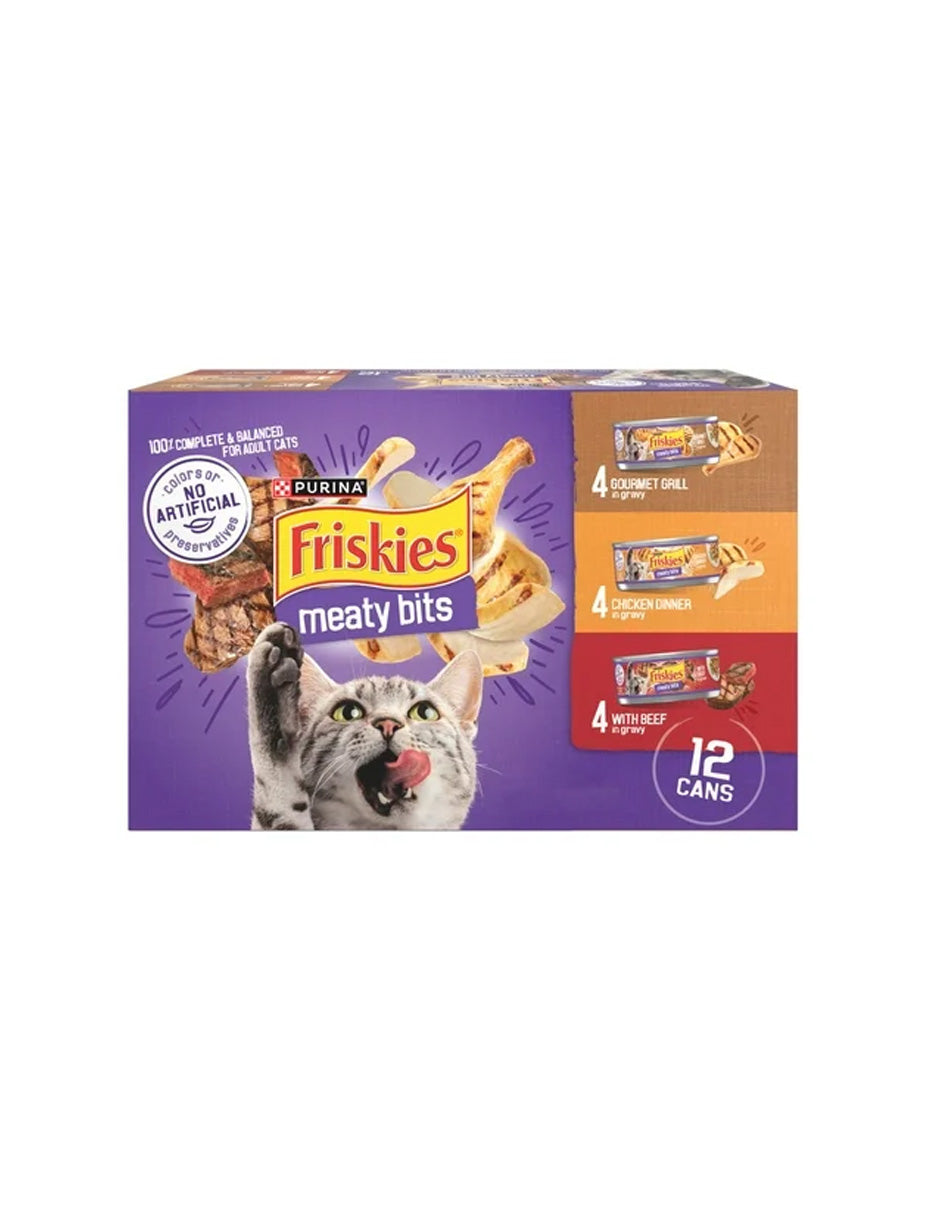 Friskies Meaty Bits sabores Res, Ave, Gravy 12 Latas de 5.5oz