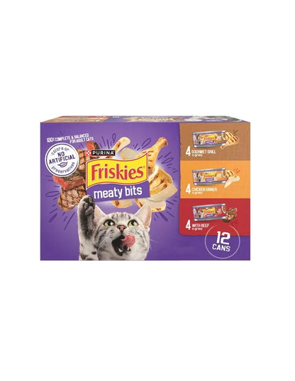 Friskies Meaty Bits sabores Res, Ave, Gravy 12 Latas de 5.5oz