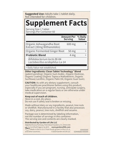 Suplemento Ashwagandha Garden of Life con Probióticos 60 tabletas