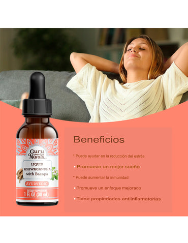 GurNanda Suplemento dietético líquido de Ashwagandha y Bacopa para adultos 30ml