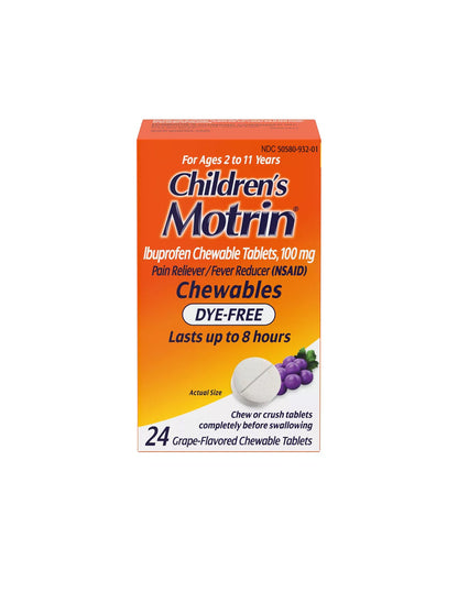 Masticables Ibuprofeno Children's Motrin 24 tabletas, Alivio del Dolor y Fiebre para Niños 2-11 Años
