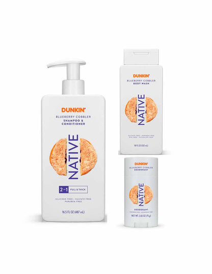 Native x Dunkin' Set shampoo y acondicionador, gel de baño y desodorante Blueberry Cobbler