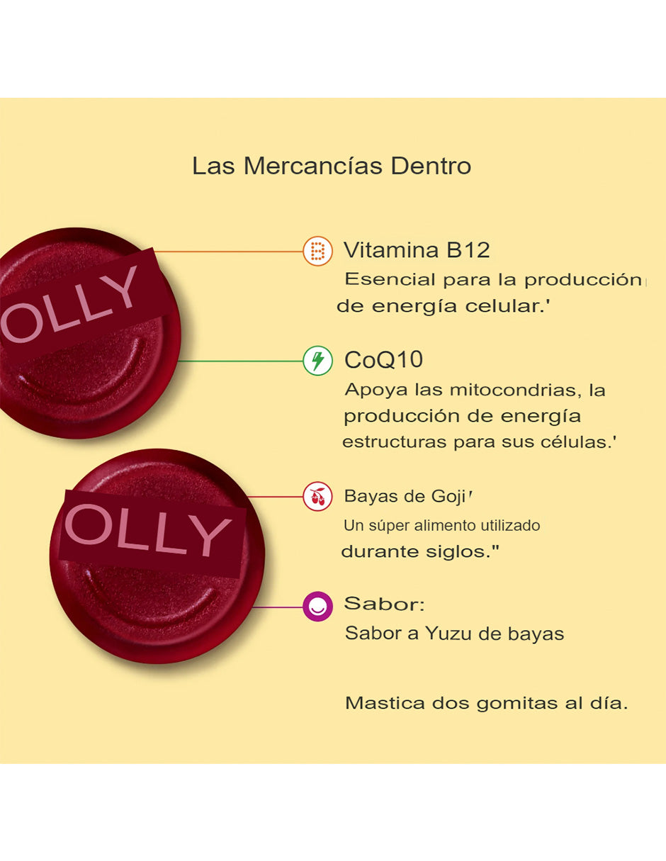 OLLY Suplemento de Energía Diaria Extrafuerte con CoQ10 y B12, sin Cafeína, 60 gomitas