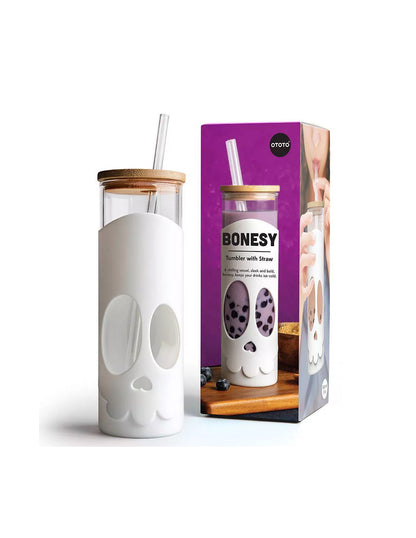 Vaso de vidrio calavera 500 ml con tapa de bambú y popotes