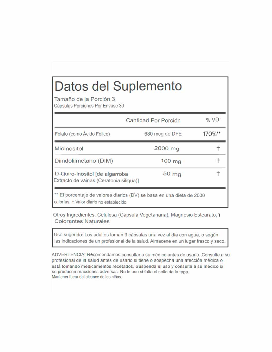 FLO suplemento salud ovárica mio-inositol, D-Chiro inositol 90 cápsulas