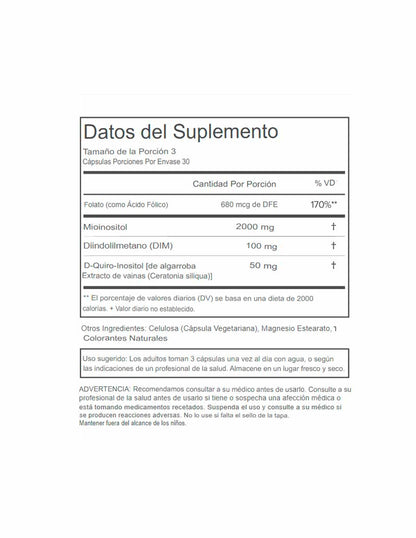 FLO suplemento salud ovárica mio-inositol, D-Chiro inositol 90 cápsulas