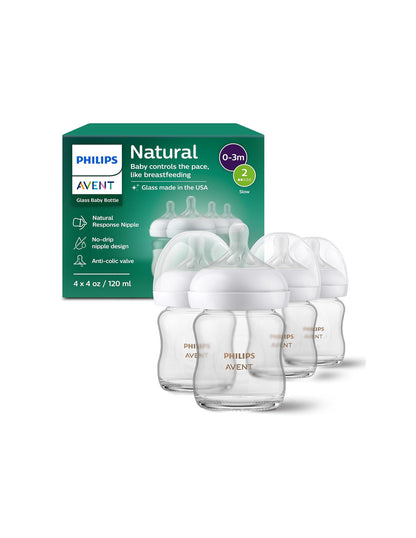 Biberones de Vidrio Philips Avent Natural 4 oz con Tetina Flujo 2, pack 4