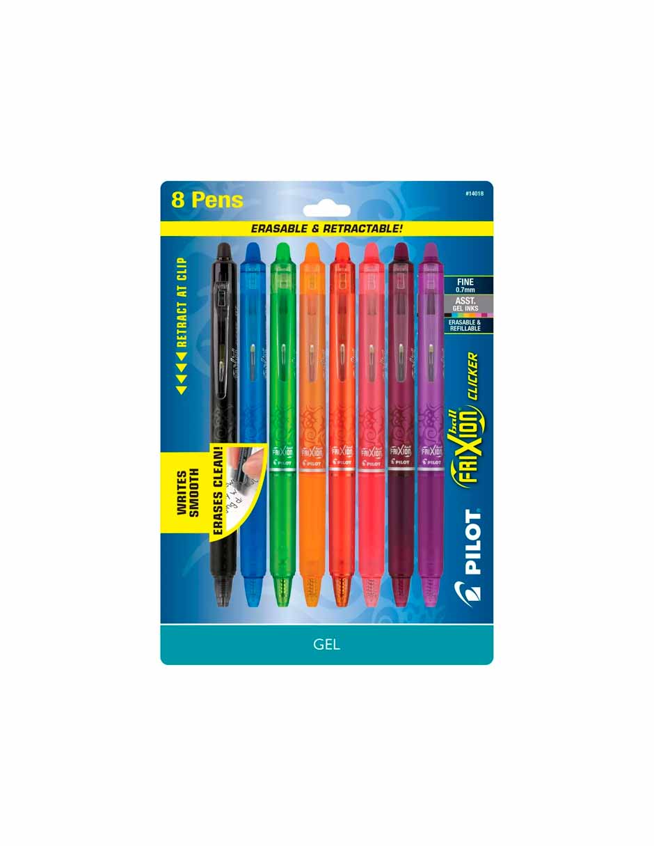 Pilot FriXion Bolígrafos de gel borrables Clicker punta fina, tintas surtidas de 0,7 mm 8ct