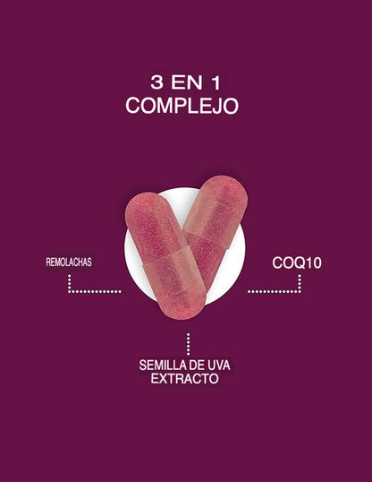 Cápsulas Qunol Beets 3 en 1 raíz de remolacha con CoQ10 y Semilla Uva