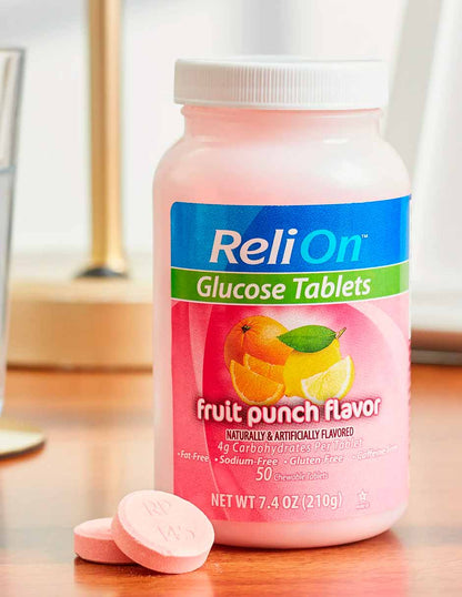 ReliOn tabletas de glucosa, sabor a ponche de frutas, 50 unidades