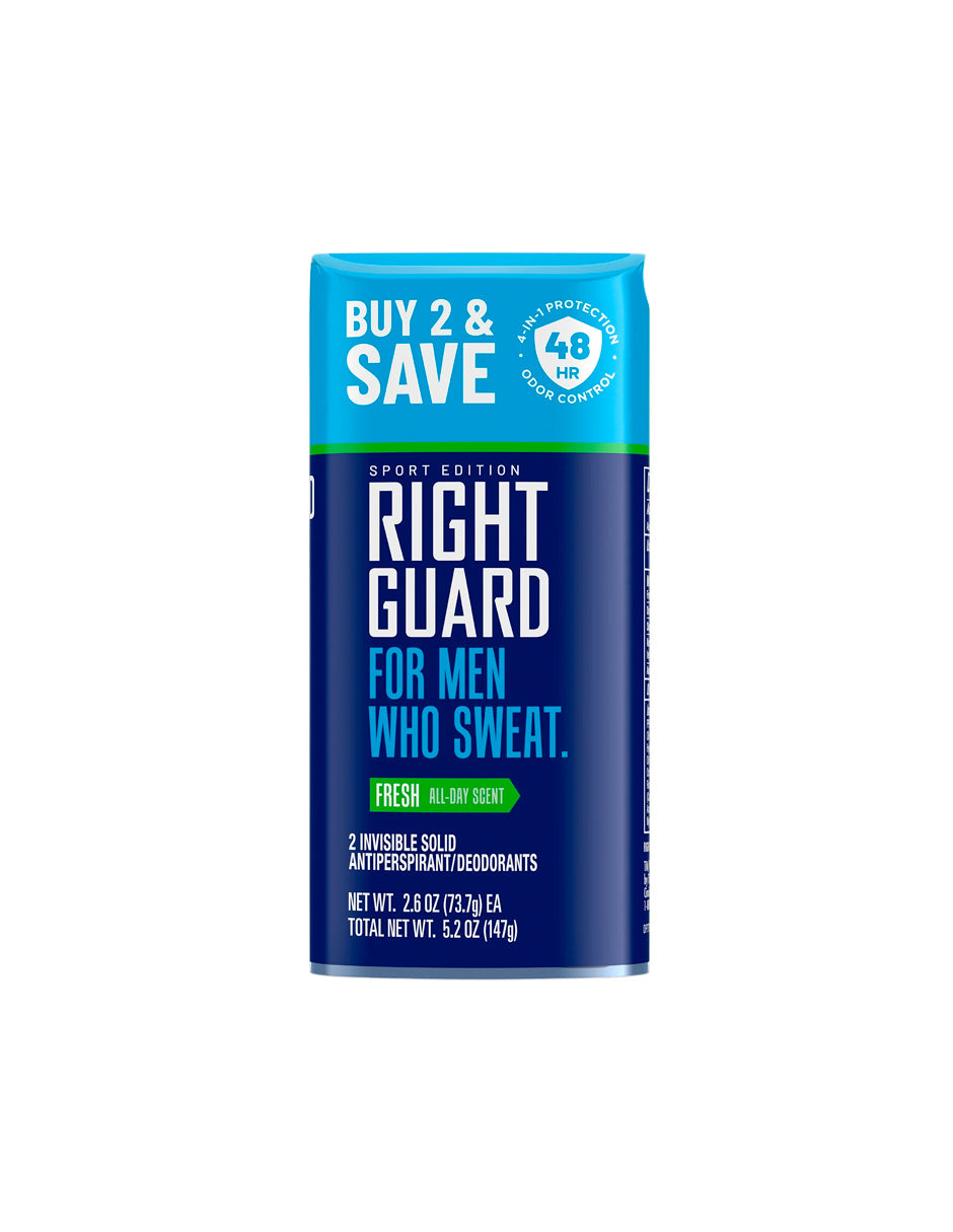 Right Guard  Sport Antitranspirante y Desodorante Invisible Sólido, Protección 4 en 1 para Hombres, 2 pack