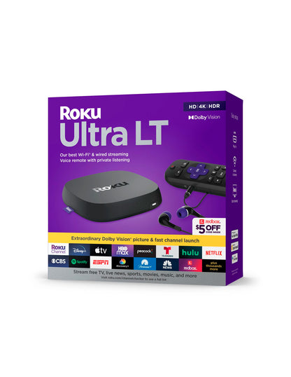 Dispositivo de transmisión Roku Ultra LT 4K/HDR/Dolby Vision/Wi-Fi® de doble banda con control remoto por voz Roku y cable HDM