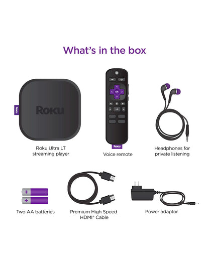 Dispositivo de transmisión Roku Ultra LT 4K/HDR/Dolby Vision/Wi-Fi® de doble banda con control remoto por voz Roku y cable HDM