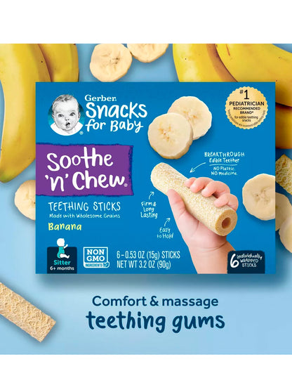 Palitos para la dentición Gerber Snacks for Baby Soothe n Chew, sabor a plátano, 30 piezas