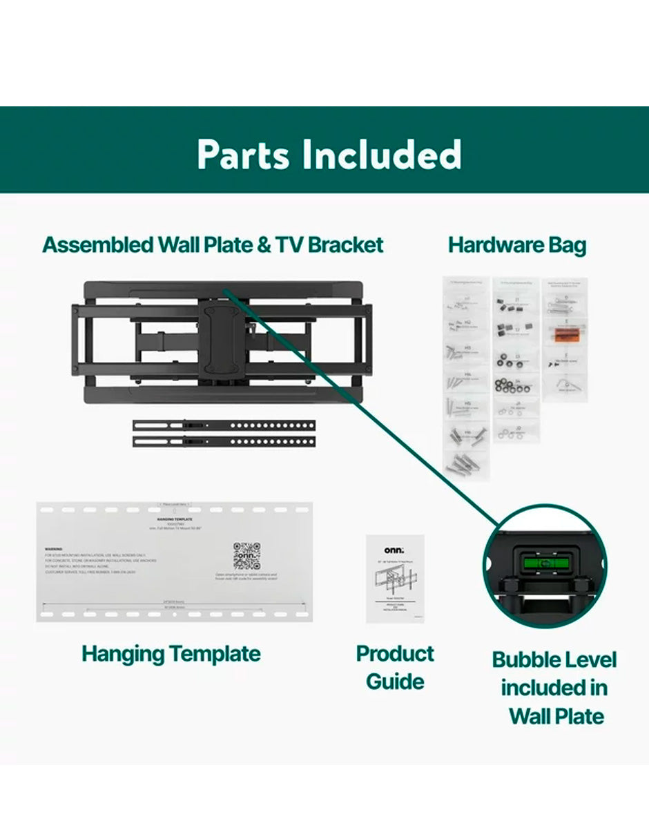 onn Soporte de Pared para TV de Movimiento Completo para TVs de 50" a 86", Inclinación de hasta 15 grados