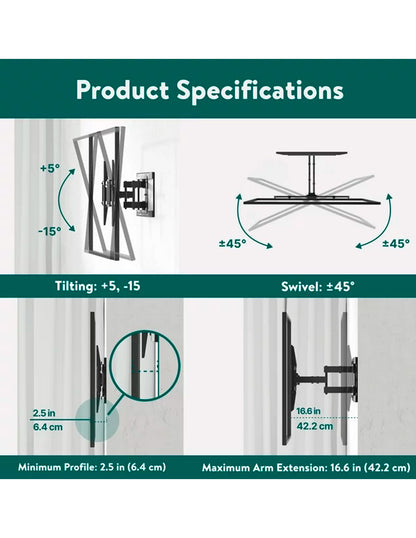 onn Soporte de Pared para TV de Movimiento Completo para TVs de 50" a 86", Inclinación de hasta 15 grados